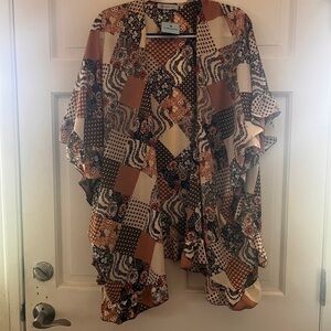 BellanBlue Patchwork Floral Ruffle Kimono Jacket in Brown, Cream, Black NWT